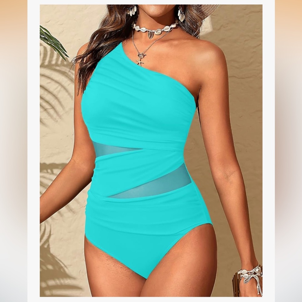 Aqua Eve Mesh Tummy Control One Shoulder One Piece Cut Out Swimwear 2026. Size M